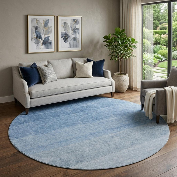 8' Blue And Ivory Ombre Washable Round Rug With UV Protection