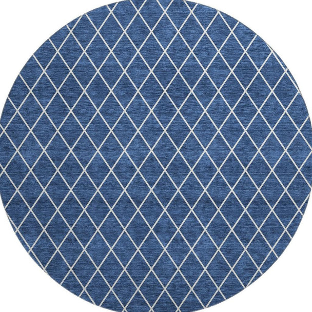 8' Navy Blue And Ivory Geometric Washable Round Rug With UV Protection