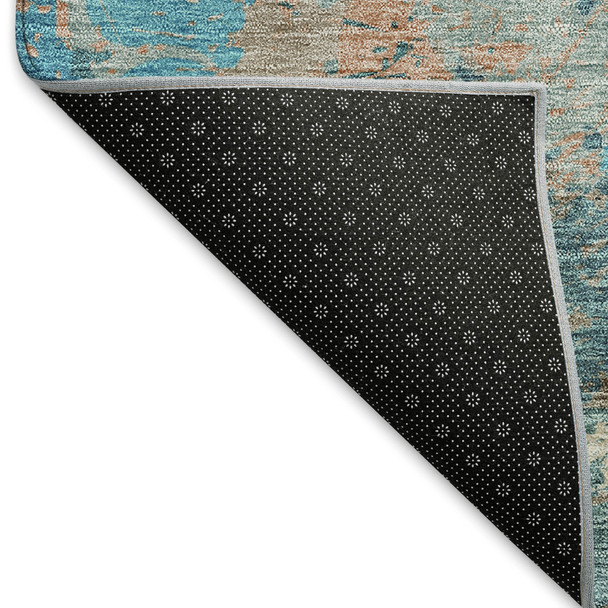 9' X 12' Teal Beige And Taupe Damask Washable Area Rug With UV Protection