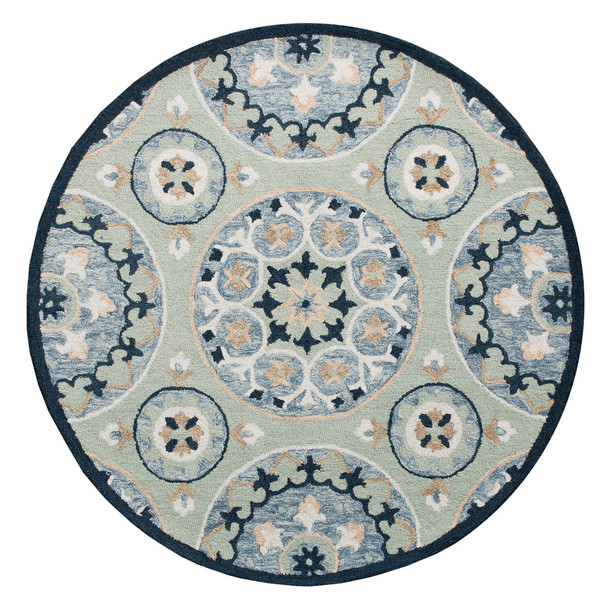 7' Blue And Sage Wool Medallion Hand Tufted Round Rug