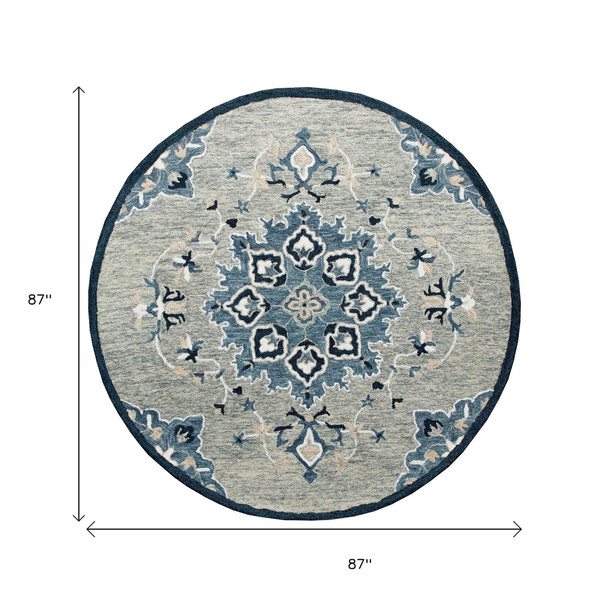 7' Blue And Gray Wool Medallion Hand Tufted Round Rug