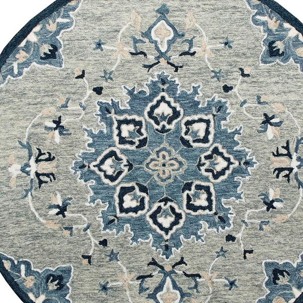 3' Blue And Gray Wool Medallion Hand Tufted Round Rug