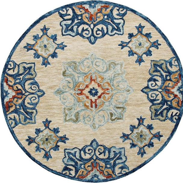 3' Beige And Blue Wool Medallion Hand Tufted Round Rug