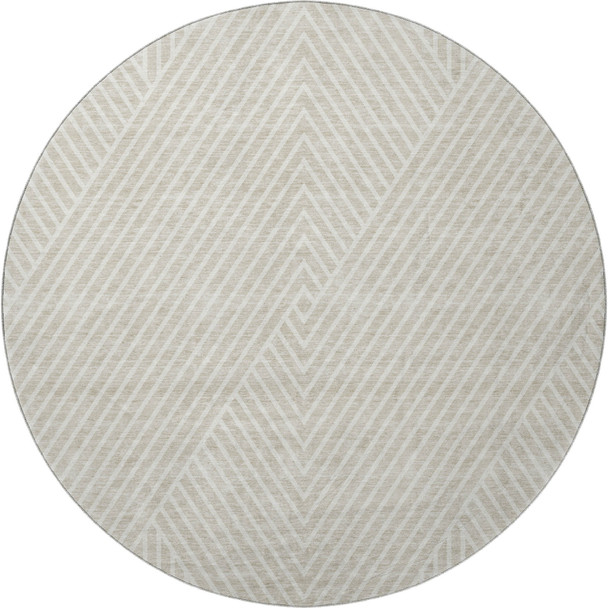 8' Beige And Ivory Geometric Washable Round Rug With UV Protection
