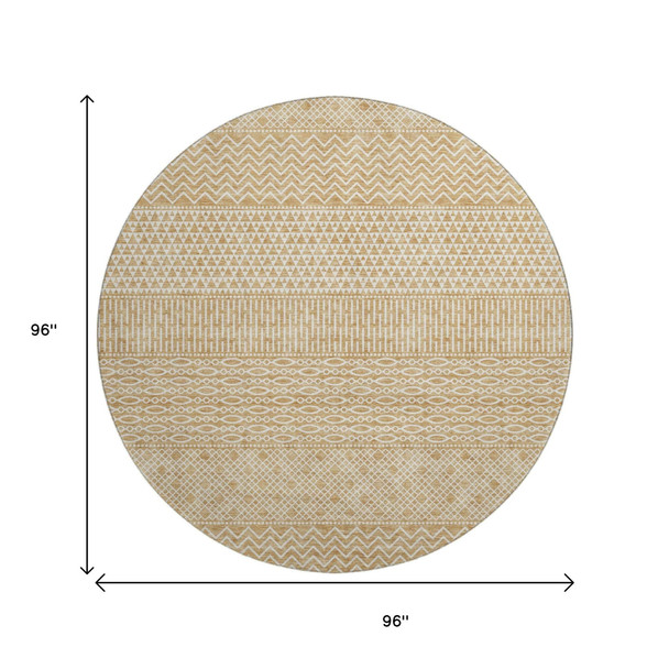 8' Gold And Ivory Striped Washable Round Rug With UV Protection
