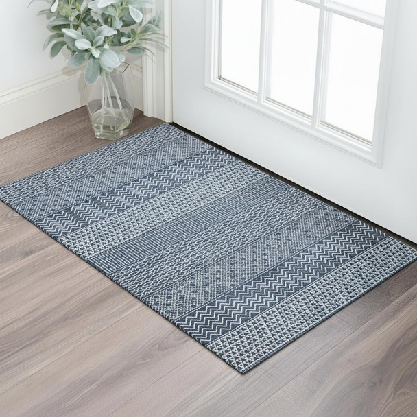 3' X 5' Navy Blue And Ivory Striped Washable Area Rug With UV Protection