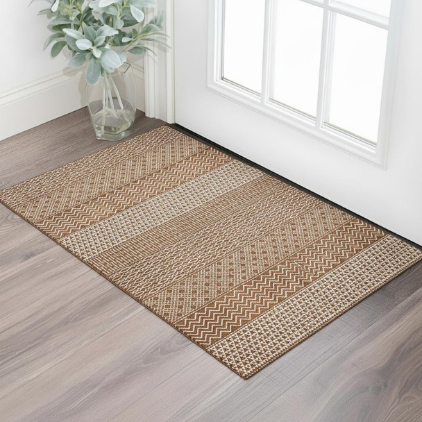 3' X 5' Rust And Ivory Striped Washable Area Rug With UV Protection