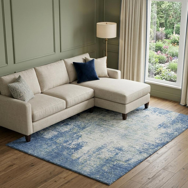 9' X 12' Denim Blue And Ivory Abstract Washable Area Rug With UV Protection