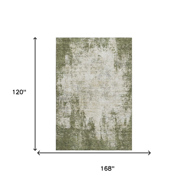 10' X 14' Olive Green And Ivory Abstract Washable Area Rug With UV Protection