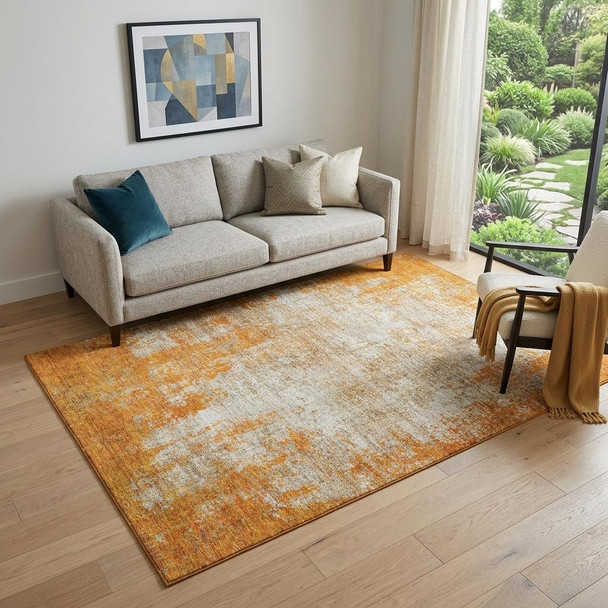 5' X 8' Orange And Ivory Abstract Washable Area Rug With UV Protection