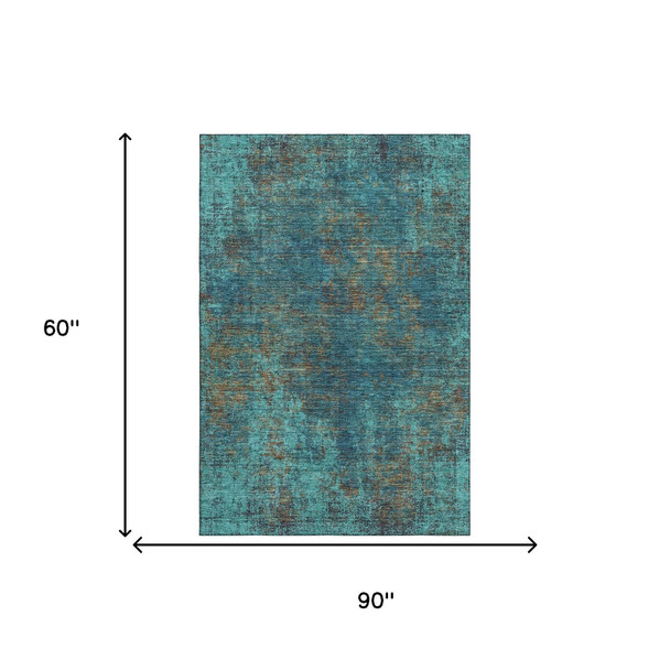 5' X 8' Teal And Brown Abstract Washable Area Rug With UV Protection