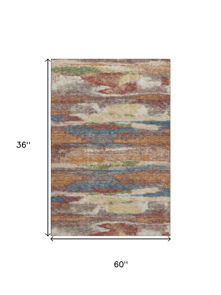 3' X 5' Rust Green And Gold Abstract Washable Area Rug With UV Protection