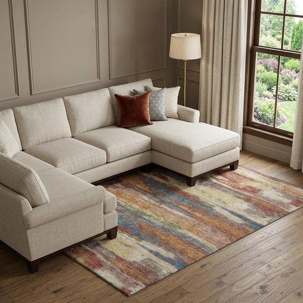 10' X 14' Rust Green And Gold Abstract Washable Area Rug With UV Protection