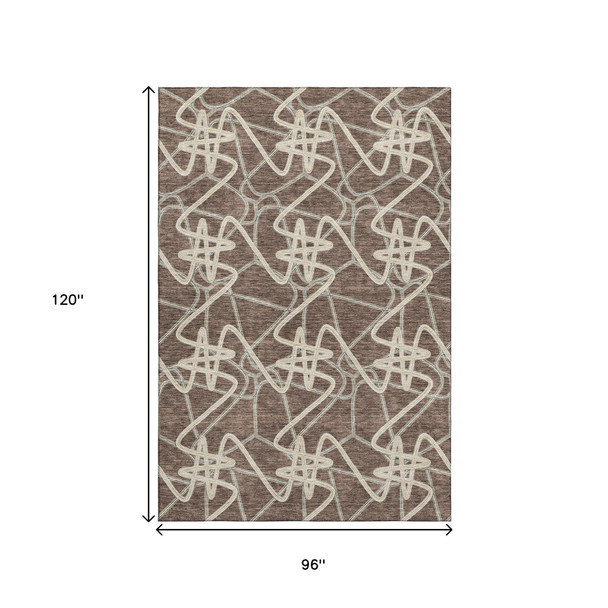 8' X 10' Brown And Ivory Geometric Washable Area Rug With UV Protection