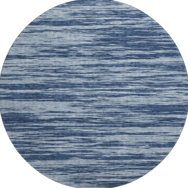 8' Blue And Ivory Striped Washable Round Rug With UV Protection