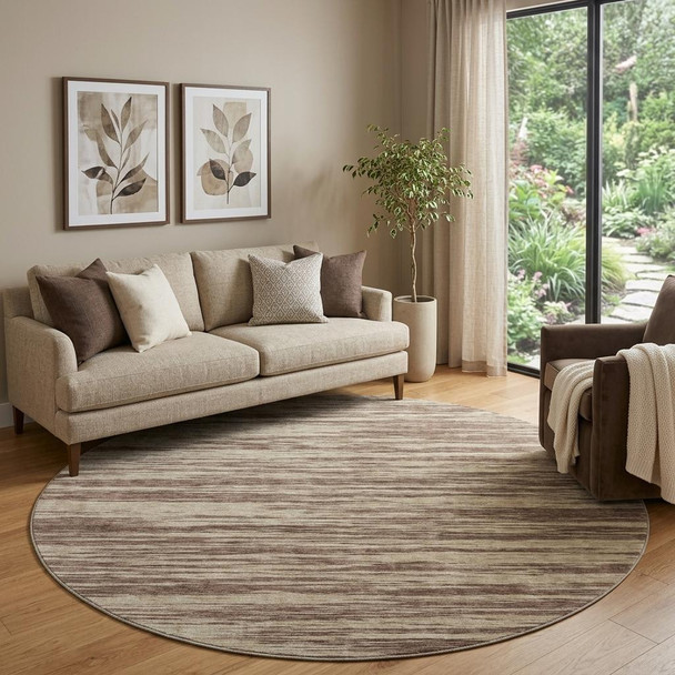 8' Brown And Beige Striped Washable Round Rug With UV Protection