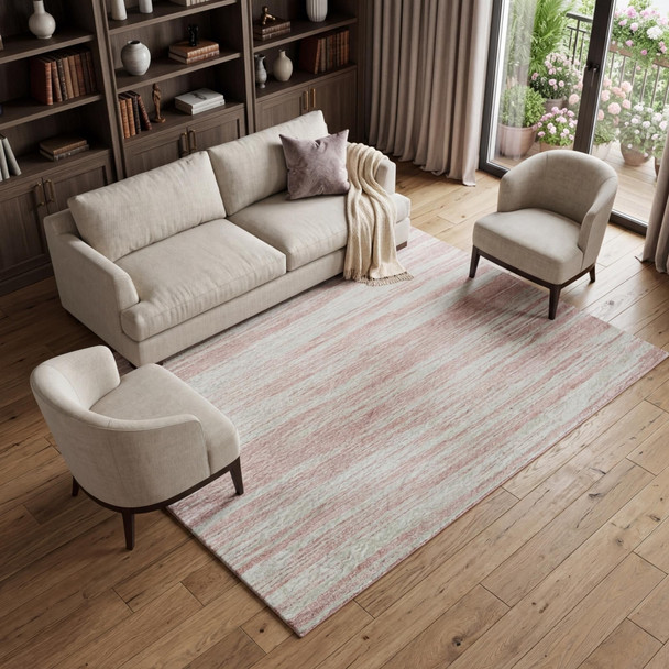 8' X 10' Pink And Ivory Striped Washable Area Rug With UV Protection