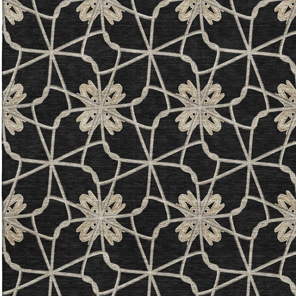 9' X 12' Black Khaki And Beige Geometric Washable Area Rug With UV Protection