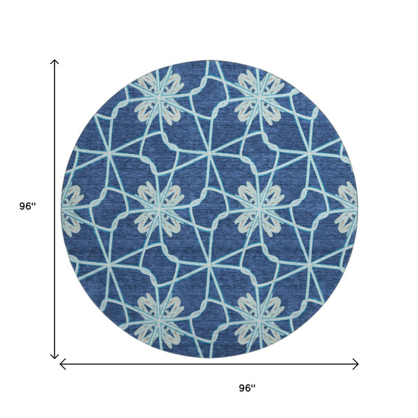 8' Navy Blue Ivory And Gray Geometric Washable Round Rug With UV Protection