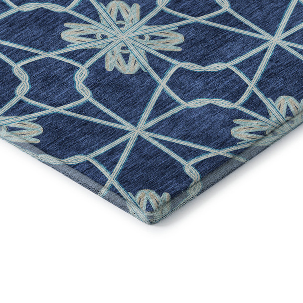 9' X 12' Navy Blue Ivory And Gray Geometric Washable Area Rug With UV Protection