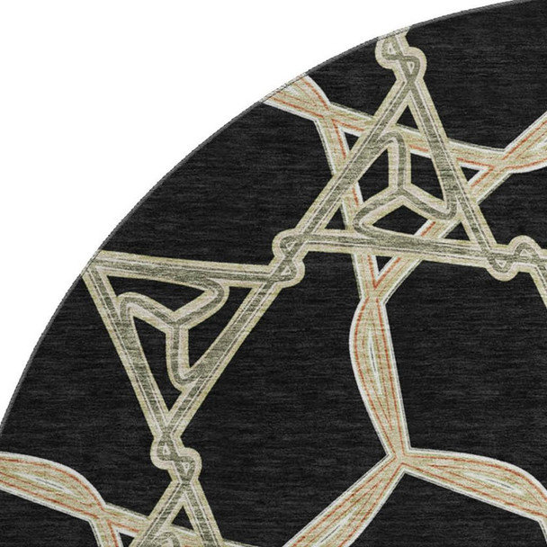 8' Black Beige And Ivory Geometric Washable Round Rug With UV Protection