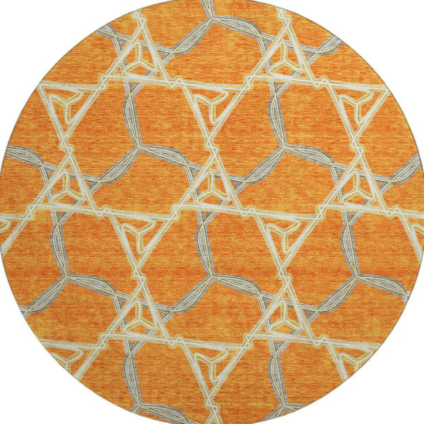 8' Orange Ivory And Blue Geometric Washable Round Rug With UV Protection