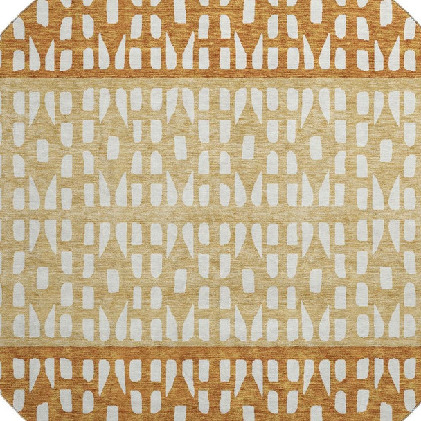 8' Coffee Copper And Ivory Geometric Washable Round Rug With UV Protection