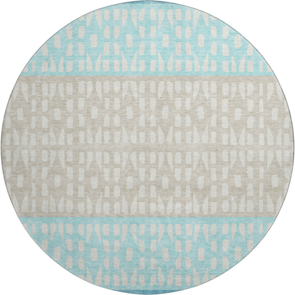 8' Teal Beige And Ivory Geometric Washable Round Rug With UV Protection