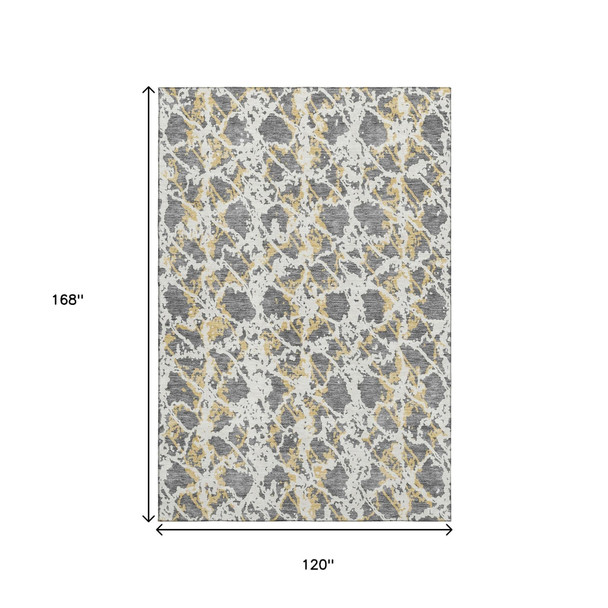 10' X 14' Gray Gold And Ivory Abstract Washable Area Rug With UV Protection