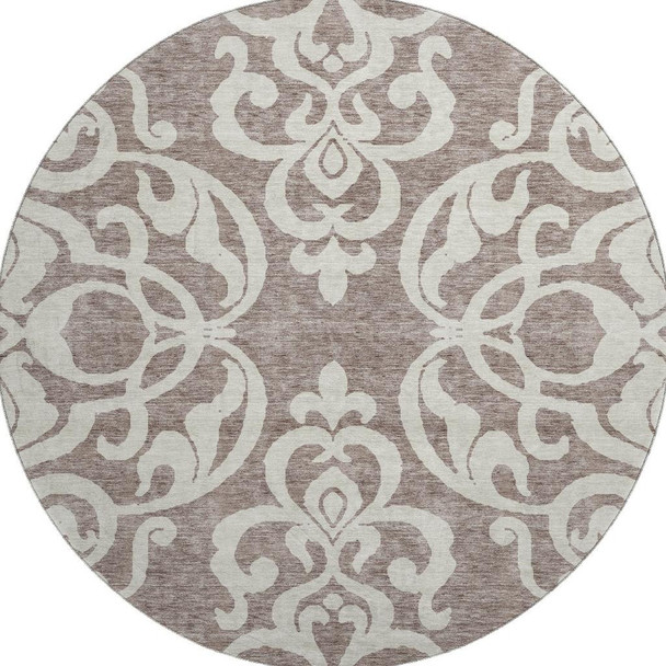 8' Taupe And Ivory Damask Washable Round Rug With UV Protection