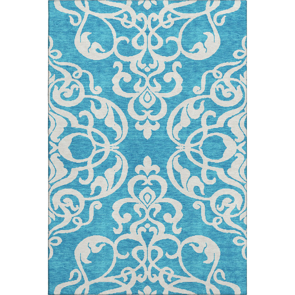 9' X 12' Turquoise And Ivory Damask Washable Area Rug With UV Protection