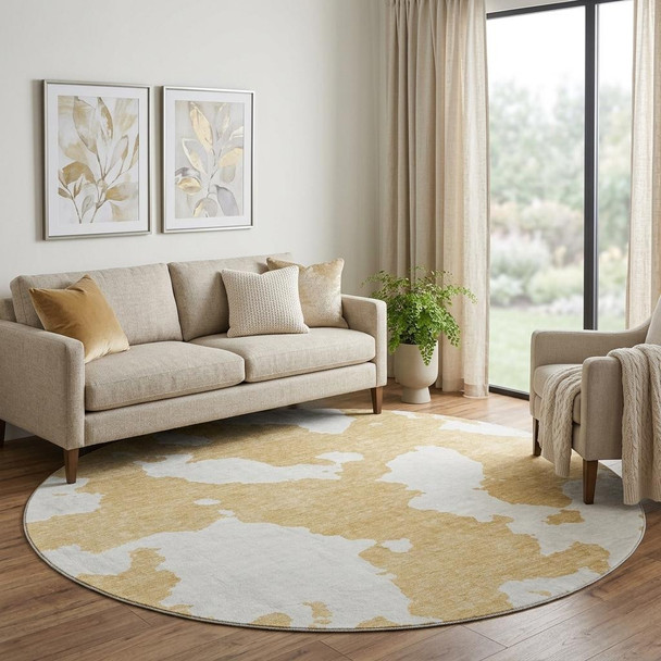 8' Gold And Ivory Abstract Washable Round Rug With UV Protection