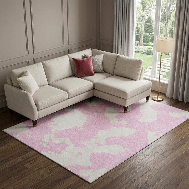 9' X 12' Pink And Ivory Abstract Washable Area Rug With UV Protection