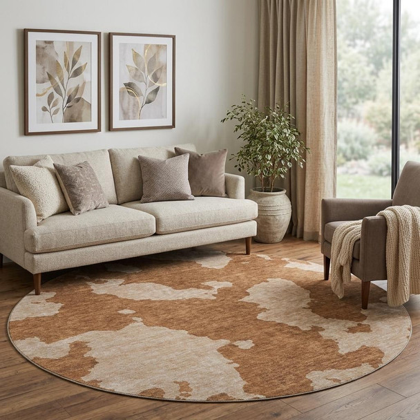 8' Terra Cotta And Beige Abstract Washable Round Rug With UV Protection