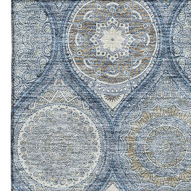 9' X 12' Navy Blue Ivory And Taupe Ogee Washable Area Rug With UV Protection