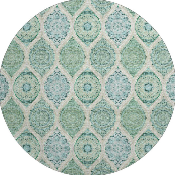 8' Sage Ivory And Teal Ogee Washable Round Rug With UV Protection