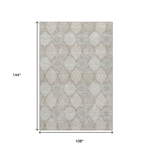 9' X 12' Taupe Beige And Ivory Ogee Washable Area Rug With UV Protection