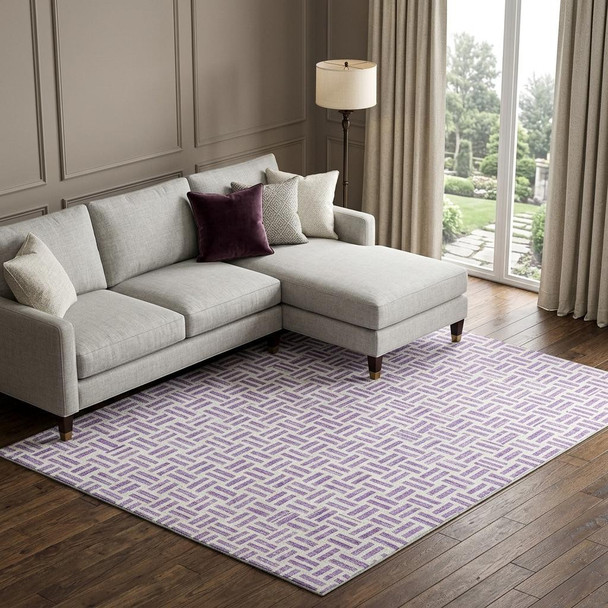 10' X 14' Lavender And Ivory Geometric Washable Area Rug With UV Protection