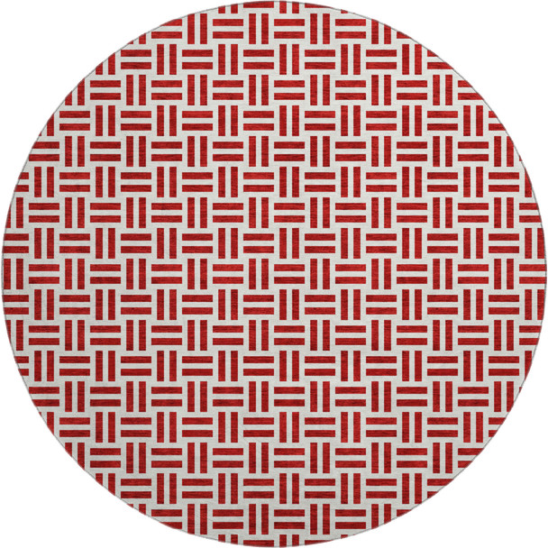 8' Red And Ivory Geometric Washable Round Rug With UV Protection
