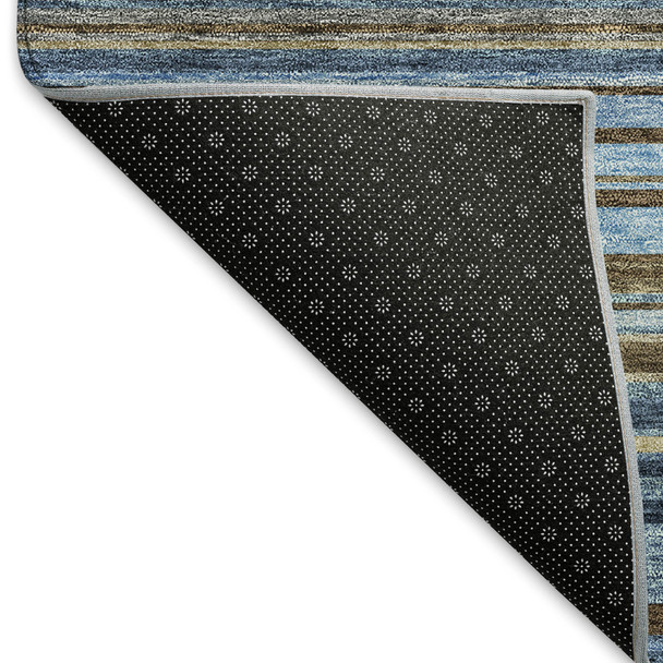 3' X 5' Navy Blue Brown And Taupe Striped Washable Area Rug With UV Protection