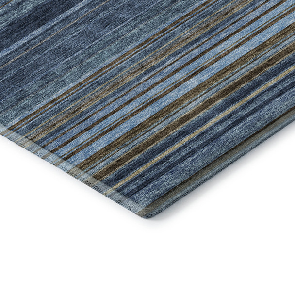 5' X 8' Navy Blue Brown And Taupe Striped Washable Area Rug With UV Protection