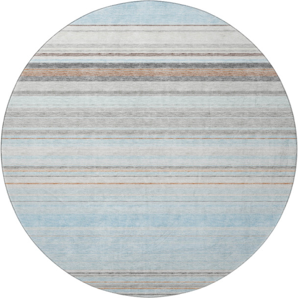 8' Sky Blue Gray And Ivory Striped Washable Round Rug With UV Protection