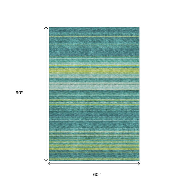 5' X 8' Teal Lime Green And Sky Blue Striped Washable Area Rug With UV Protection