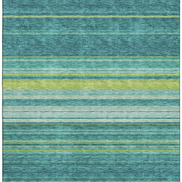 9' X 12' Teal Lime Green And Sky Blue Striped Washable Area Rug With UV Protection
