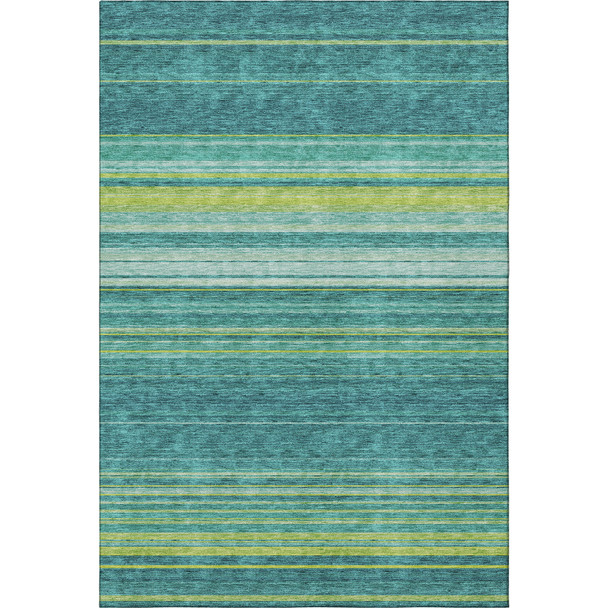 10' X 14' Teal Lime Green And Sky Blue Striped Washable Area Rug With UV Protection