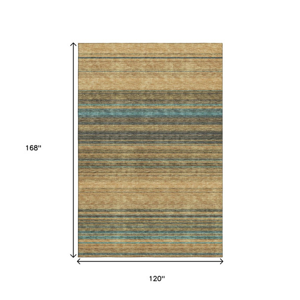 10' X 14' Wheat Teal And Brown Striped Washable Area Rug With UV Protection
