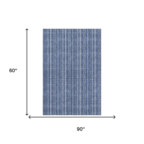 5' X 8' Denim Blue And Ivory Striped Washable Area Rug With UV Protection