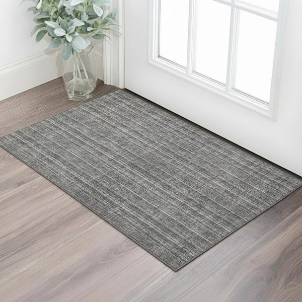 3' X 5' Gray And Silver Striped Washable Area Rug With UV Protection