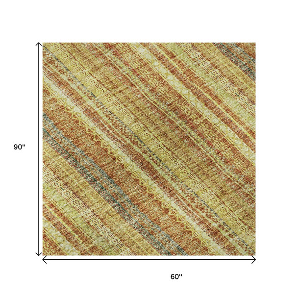 5' X 8' Amber And Artichoke Green Striped Washable Area Rug With UV Protection