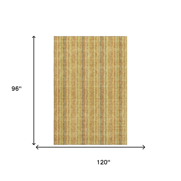 8' X 10' Amber And Artichoke Green Striped Washable Area Rug With UV Protection